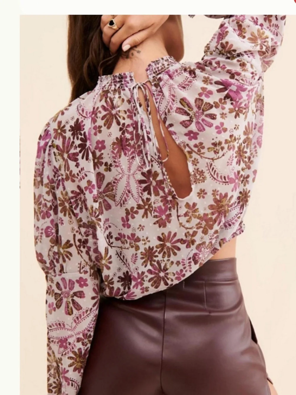 Free People Clarissa  Lilac Floral Long-sleeve Blouse NWOT Summer Reversible  S